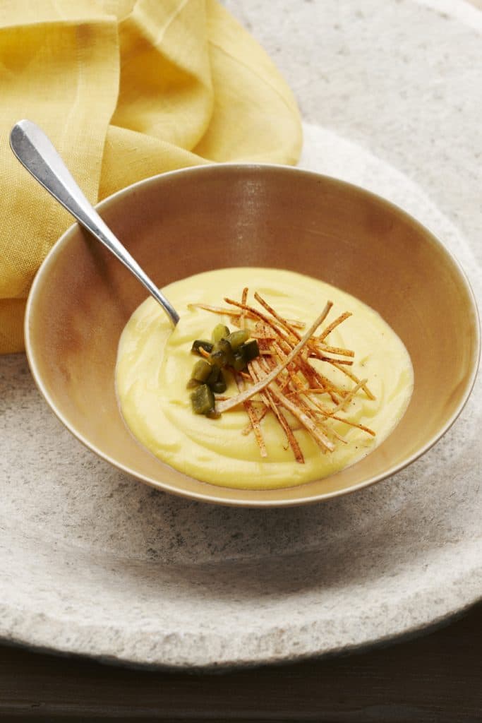roasted corn soup in a bowl