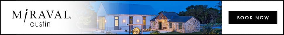 Book now ad Miraval Austin with houses and gong