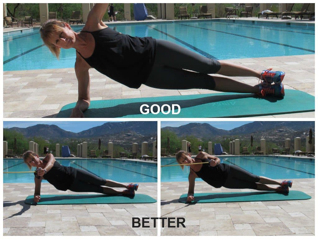 Woman doing plank with row at pool deck showing how to improve movement